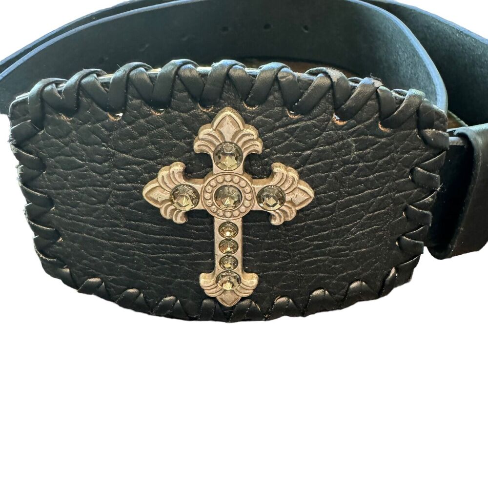 Vintage Y2K Black Leather Cross Belt Rhinestones Unisex Large 36-38